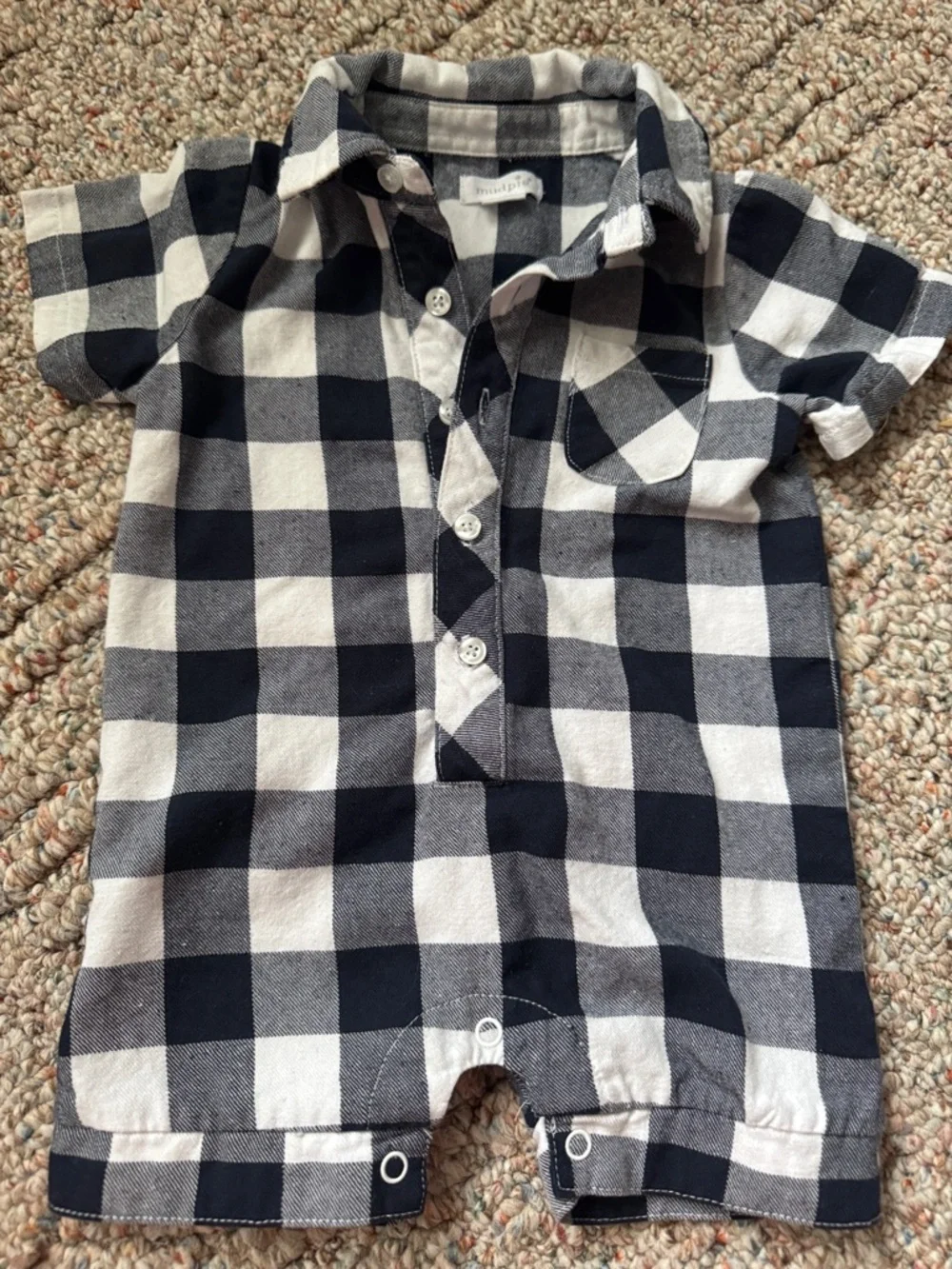 Mudpie Navy Blue and White Plaid cotton blend Baby Romper 9-12 months